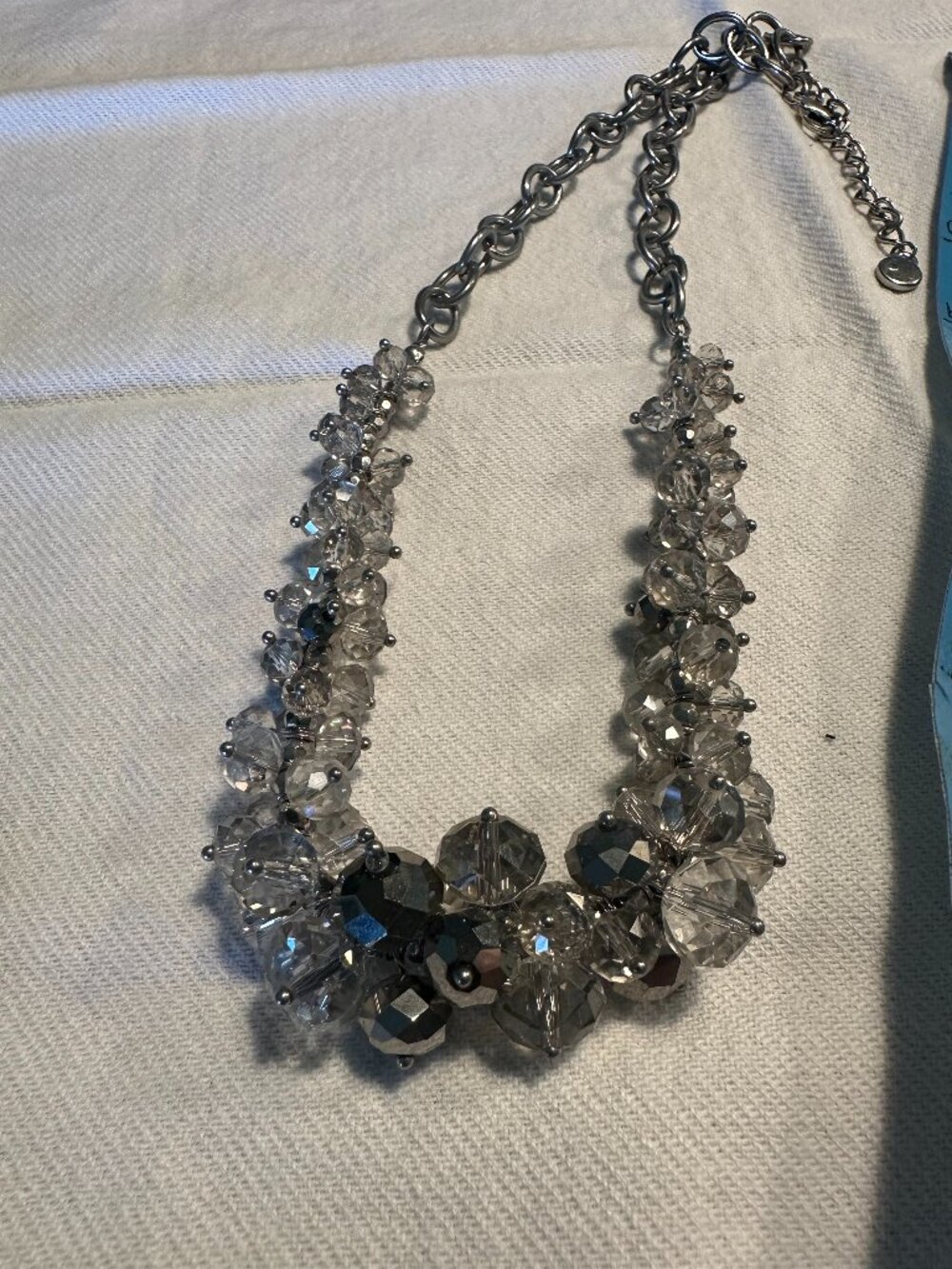 Silver Tone Chunky Statement Necklace with Faceted Crystal Beads